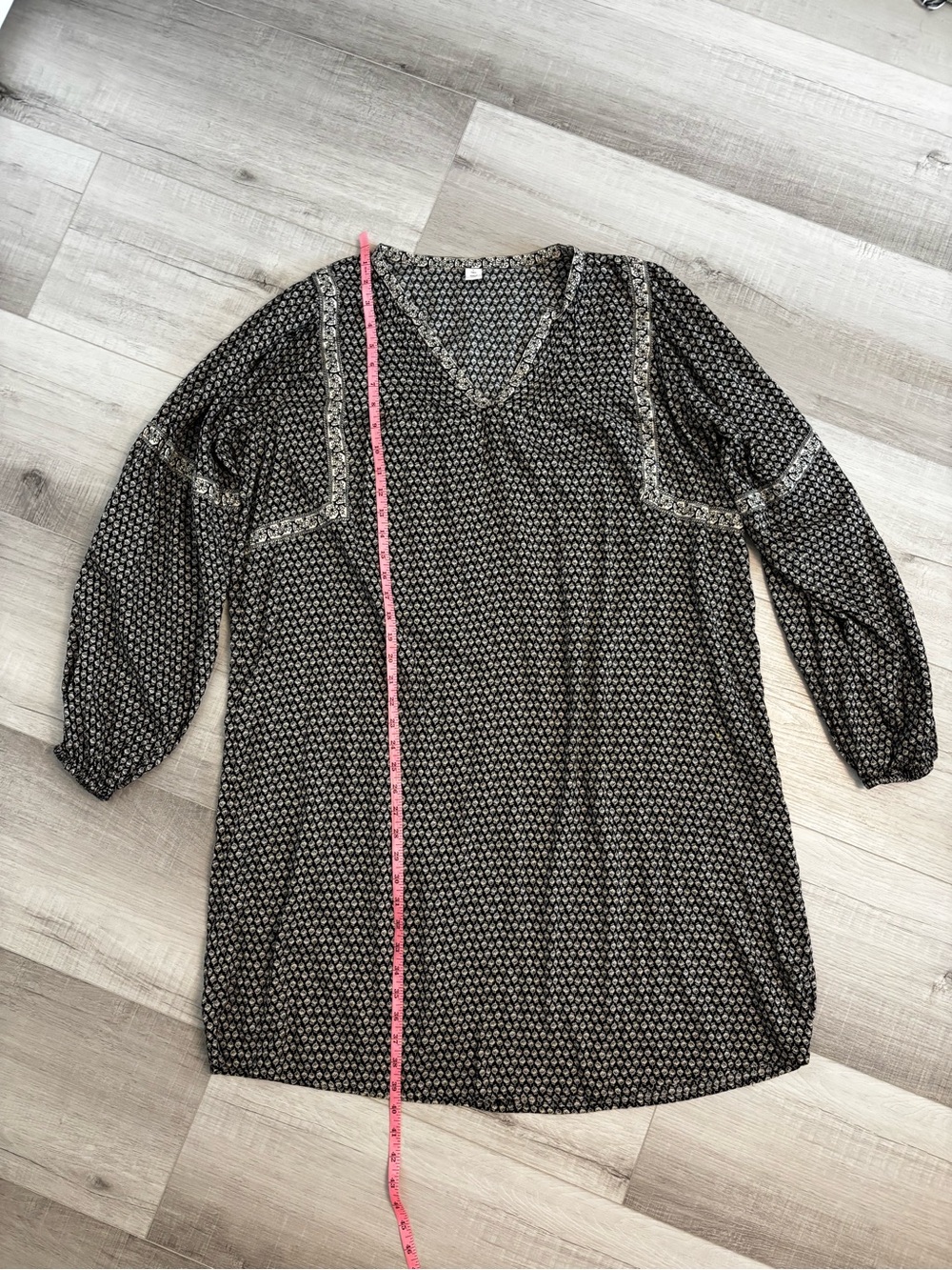 Old Navy L Tall Boho Floral Tunic Dress Black Cream Long Sleeve - Picture 8 of 11